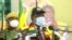 President Emmerson Mnangagwa addressing senior members of Zimbabwe ruling Zanu PF party on Oct. 29, 2021 in Bindura about 80km north of Harare (Columbus Mavhunga/VOA)