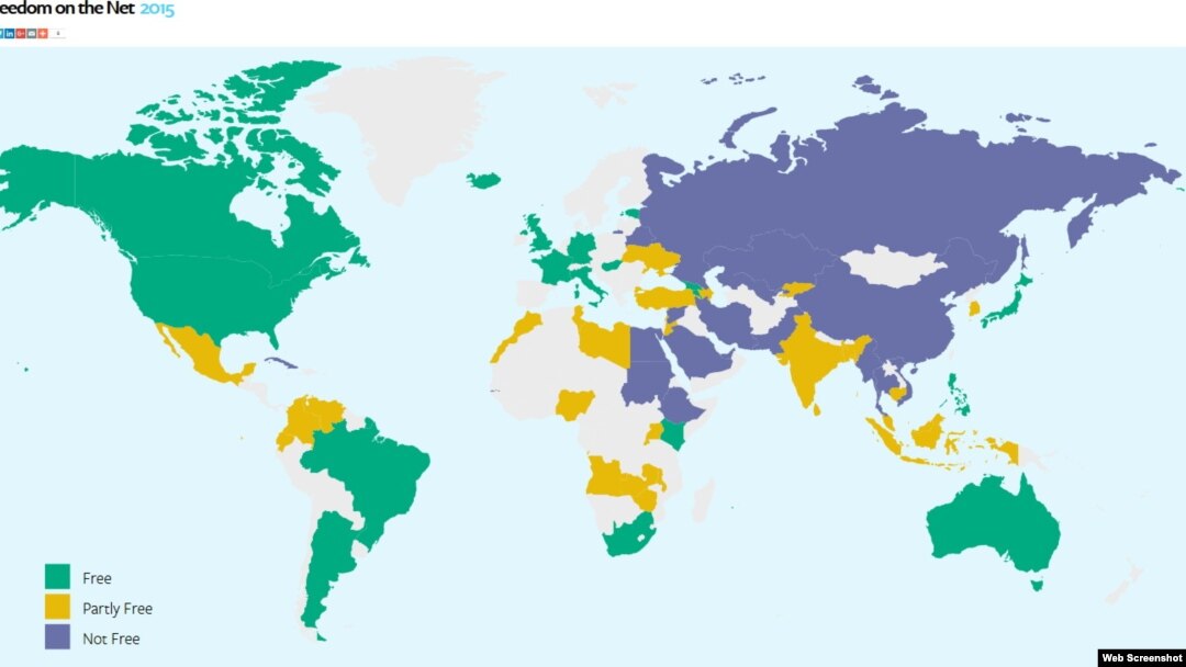 La liberté d'accès à internet dans le monde en 2015 selon l'ONG Freedom House.