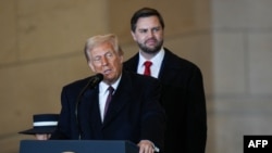 President Donald Trump delivers remarks in Emancipation Hall during inauguration ceremonies at the US Capitol in Washington, on January 20, 2025. (Photo by Angelina Katsanis / POOL / AFP)