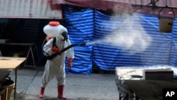 一名工作人員在泰國曼谷街頭噴灑消毒劑。（2021年1月15日）