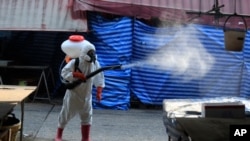 A worker sprays disinfectant as a precaution against the coronavirus at Klong Toey market in Bangkok, Thailand, Friday, Jan. 15, 2021. The market was temporarily closed after a person there tested positive for the coronavirus earlier this week…