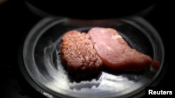 The physical attributes of 3D printed plant-based vegan meat produced by Israeli start-up Redefine Meat are compared with traditional meat in a laboratory in Rehovot, Israel October 6, 2022. (REUTERS/Nir Elias)