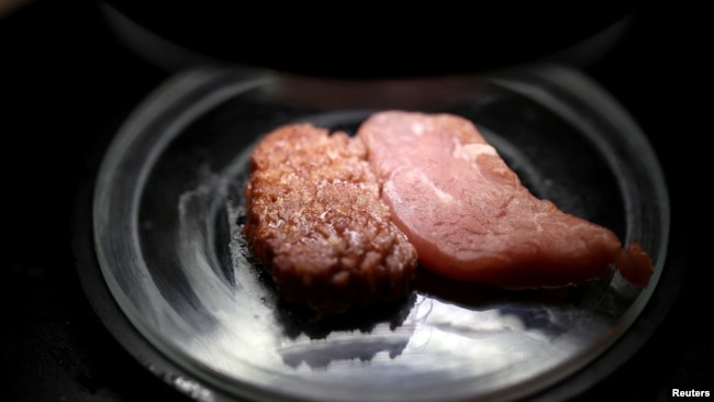 The physical attributes of 3D printed plant-based vegan meat produced by Israeli start-up Redefine Meat are compared with traditional meat in a laboratory in Rehovot, Israel October 6, 2022. (REUTERS/Nir Elias)
