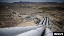 The Hinds pumping plant, last of five major pumping stations along the Colorado River Aqueduct, in Hayfield Lake, California, May 18, 2015. The gravity system plant pumps water coming from Lake Havasu to the top of a hill, to supply Southern California.