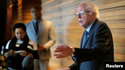 U.S. Democratic presidential candidate and U.S. Senator Bernie Sanders talks to reporters in New York City, April 8, 2016. 