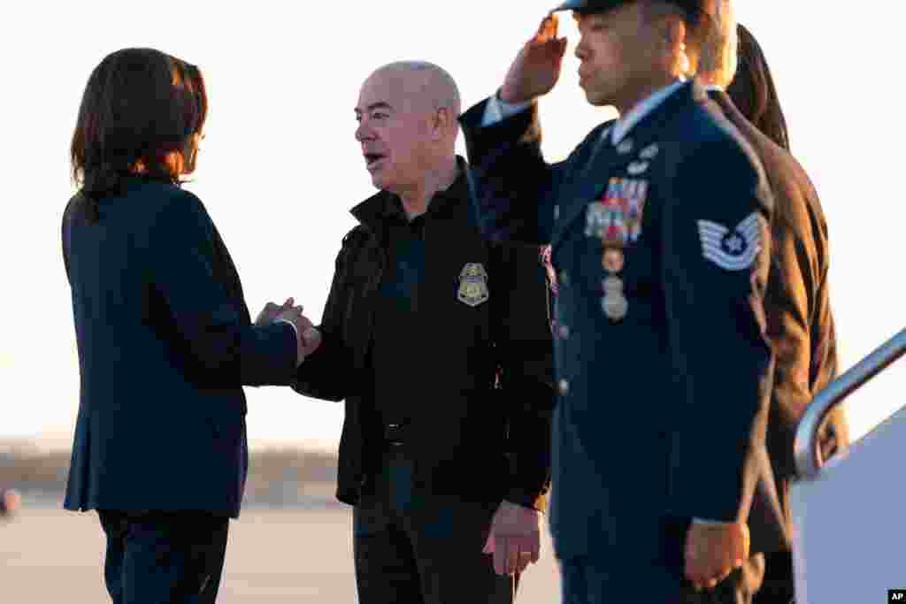 Vice President Kamala Harris greets Homeland Security Secretary Alejandro Mayorkas as she arrives to board Air Force Two, June 25, 2021, at Andrews Air Force Base, Md., en route to El Paso, Texas. (AP Photo/Jacquelyn Martin)