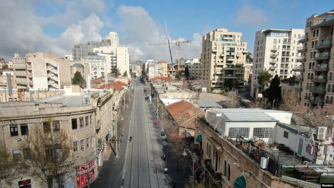 An aerial view shows the tracks of the light rail as Israel tightened a national stay-at-home policy with guidelines aimed at halting the spread of the coronavirus which would now be enforced by police under emergency orders, in Jerusalem, March 22, 2020.