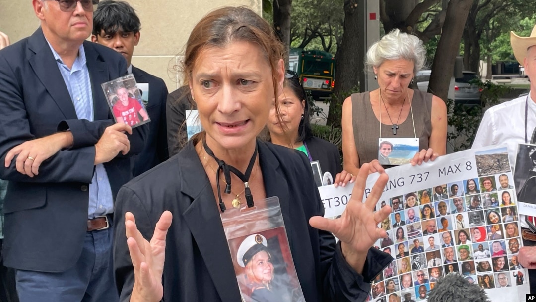 Catherine Berthet, whose daughter Camille Geoffrey died in the March 2019, crash of an Ethiopian Airlines 737 Max, speaks outside federal court in Fort Worth, Texas, on Oct. 11, 2024.