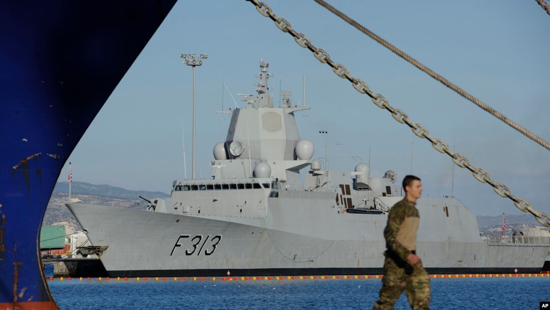 FILE - Norwegian frigate HNOMS Helge Ingstad lies docked at Cyprus’ Limassol port, Dec. 14, 2013. The warship and a Danish Frigate will escort Danish and Norwegian cargo ships transporting Syria’s most dangerous chemical weapons out of the country.