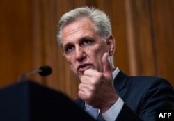 FILE - US Speaker of the House Kevin McCarthy, Republican of California, speaks to the press on Capitol Hill in Washington, DC, on September 30, 2023.