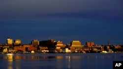 The skyline of Portland, Maine, catches the early morning sunlight on Nov. 2, 2021.