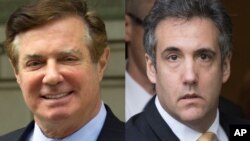 លោក Paul Manafort (ឆ្វេង) ​អតីត​ប្រធាន​ក្រុម​​ឃោសនា​បោះ​ឆ្នោត​​លោក​ត្រាំ​ និង​លោក Michael Cohen អតីត​មេធាវី​របស់​លោកត្រាំ។