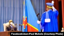 Procureur général ya sika na Cour constitutionnelle, Jean-Paul Mukolo Nkokesha akati seleka libo ya président Félix Tshisekedi na Kinshasa, 2 juin 2020. (Facebook/Présidence RDC)