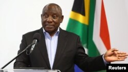 Le président sud-africain Cyril Ramaphosa lors du lancement du nouveau site de fabrication de Sandvik Khomanani, à Johannesburg, le 9 septembre 2022.