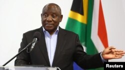 South Africa's President Cyril Ramaphosa attends the launch of the new Sandvik Khomanani manufacturing site