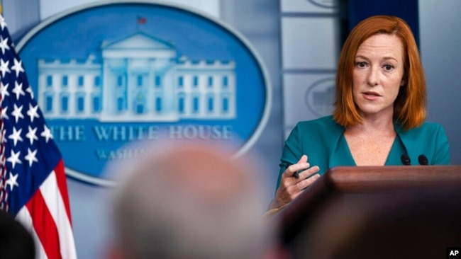FILE - White House press secretary Jen Psaki speaks during a press briefing at the White House, Sept. 1, 2021.