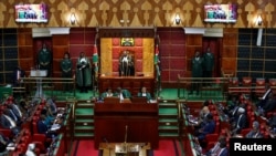 Speaker of the National Assembly Moses Wetangula addresses legislators during the impeachment motion of Deputy President Rigathi Gachagua ahead of the lawmakers' vote inside the Parliament buildings in Nairobi, Kenya, Oct. 8, 2024.