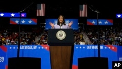 FILE - Democratic presidential nominee Vice President Kamala Harris speaks at a campaign rally in Las Vegas, Nevada, Aug. 10, 2024.