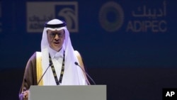 FILE - Saudi Arabia's Energy Minister Prince Abdulaziz bin Salman talks at the Abu Dhabi International Petroleum Exhibition & Conference in Abu Dhabi, United Arab Emirates, October 31, 2022.