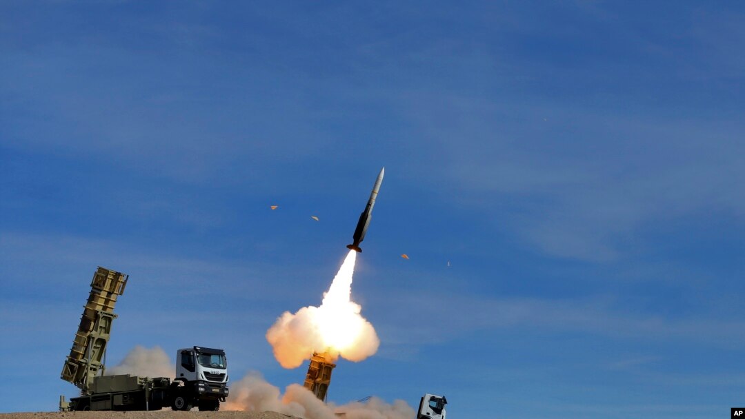 FILE - In this photo provided Nov. 5, 2018, by the Iranian Army, a Sayyad 2 missile is fired by the Talash air defense system during drills in an undisclosed location in Iran.