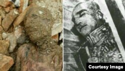 A mummy found during construction at a shrine near Tehran on April 23, 2018, is pictured alongside the remains of Iran's former ruler Reza Shah Pahlavi, who some Iranians say resembles the mummified body. (Photo courtesy of Iranian state news agency)