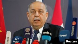 Iraqi Oil Minister Thamer Ghadhban speaks to the media at the ministry's headquarters in Baghdad, May 8, 2019. 