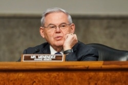 FILE - Sen. Robert Menendez, D-N.J., speaks during a confirmation hearing on Capitol Hill, Jan. 27, 2021.