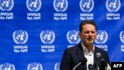 Pierre Krähenbühl, Commissioner-General of the United Nations Relief and Works Agency for Palestine, gives a press conference in Gaza City on May 23, 2019.