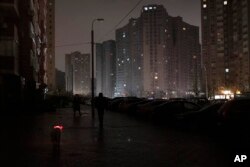 A dog with a lit up collar walks in a street during a blackout in Kyiv, Ukraine, Nov. 16, 2022.