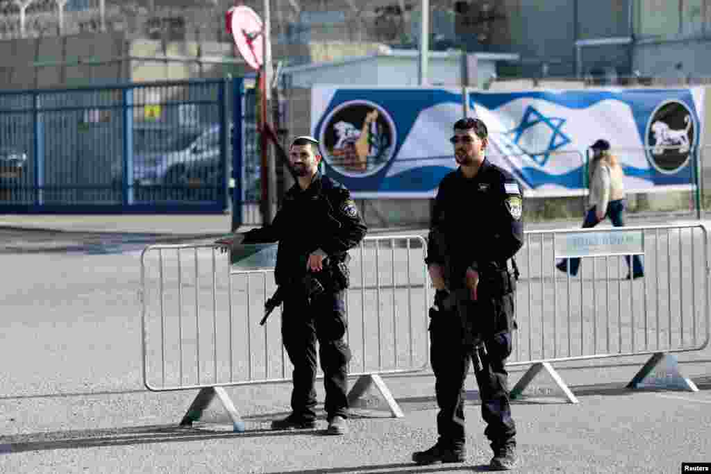 Israeli police stand guard at the Israeli military prison, Ofer, on the day Israel releases Palestinian prisoners near Ramallah in the Israeli-occupied West Bank, Jan. 19, 2025. 