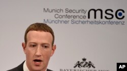 FILE - Facebook CEO Mark Zuckerberg speaks at the Munich Security Conference in Munich, Germany, Feb. 15, 2020. 
