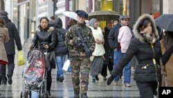 A French army soldier patrols down the Champs Elysee in Paris, January 15, 2013. 