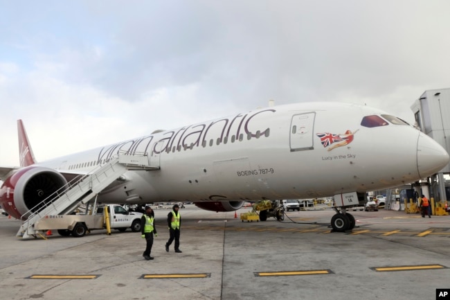 Virgin Atlantic Flight100 arrives at John F. Kennedy International Airport, Tuesday, Nov. 28, 2023 in New York. (Jason DeCrow/AP Images for Virgin Atlantic Airways Ltd)