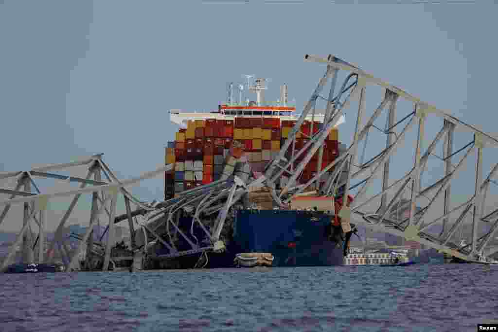 A view of the Dali cargo vessel that crashed into the Francis Scott Key Bridge, causing it to collapse in Baltimore, March 26, 2024.&nbsp;