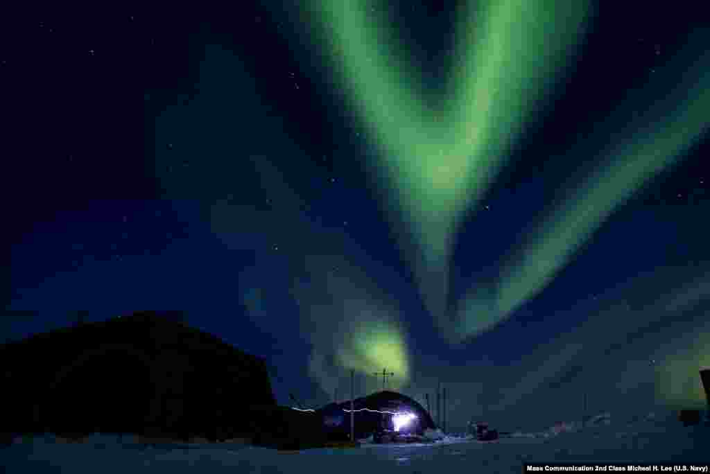 The aurora borealis displays above Ice Camp Skate in the Beaufort Sea during Ice Exercise (ICEX) 2018.