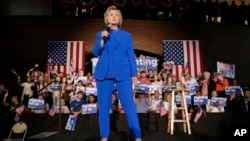 Democratic presidential candidate Hillary Clinton speaks during a rally at Louisville Slugger Field's Hall of Fame Pavilion in Louisville, Ky., Tuesday, May 10, 2016.