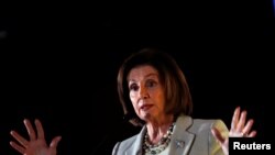 FILE - U.S. House Speaker Nancy Pelosi (D-CA) addresses the audience during the Democratic National Committee's (DNC) 2019 Women's Leadership Forum in Washington, Oct. 17, 2019.