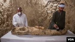 Egyptian excavation workers restore a mummy in a newly discovered tomb in the Draa Abul Naga necropolis on Luxor’s West Bank known as KAMPP 150, in Luxor, Egypt, Dec. 9, 2017.(H. Elrasam/VOA)