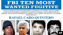FILE - This image released by the FBI shows the wanted poster for Rafael Caro Quintero, who tortured and murdered US Drug Enforcement Administration agent Enrique 'Kiki' Camarena in 1985. 