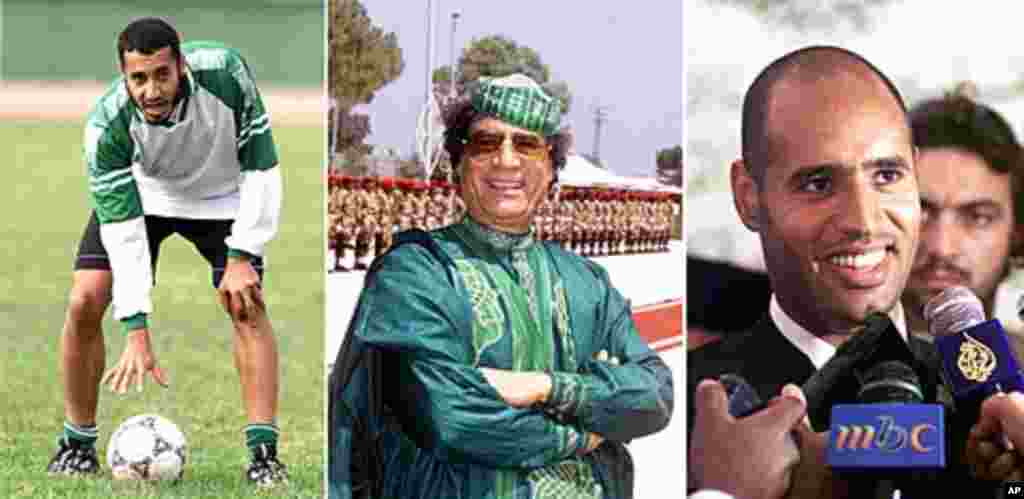 This combination photo shows Libyan leader Moammar Gadhafi, center, and his sons, left, Saadi, President of Libya's soccer federation and a national team player, and right, Saif al-Islam, chairman of the Gaddafi Foundation for Charitable Organizations. (A