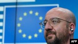 European Council President Charles Michel gives a news conference following a video conference EU summit to discuss the measures to tackle the spread of the COVID-19 pandemic in Brussels, Belgium, on April 23, 2020. 