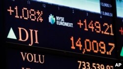 A board on the floor of the New York Stock Exchange shows the closing number for the Dow Jones industrial average, February 1, 2013.