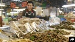 A Thai woman sells fried bugs at a market in Chiang Mai province, Thailand.