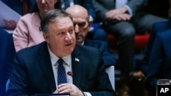 U.S. Secretary of State Mike Pompeo speaks at the U.N. Security Council at the U.N Headquarters, Jan. 26, 2019. Pompeo encouraged the council to recognize Juan Guaido as the constitutional interim president of Venezuela.