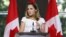 FILE - Canadian Foreign Minister Chrystia Freeland takes part in a news conference at the Embassy of Canada in Washington, Aug. 31, 2018. 