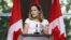 FILE - Canadian Foreign Minister Chrystia Freeland takes part in a news conference at the Embassy of Canada in Washington, Aug. 31, 2018. 