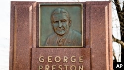 FILE - In this Dec. 14, 2017, photo, the George Preston Marshall monument outside RFK Stadium in Washington is shown. 