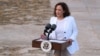 U.S. Vice President Kamala Harris delivers remarks after touring the Cape Coast slave castle during her week-long trip to Ghana, Tanzania and Zambia, in Cape Coast, Ghana March 28, 2023. 