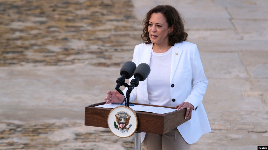 U.S. Vice President Kamala Harris delivers remarks after touring the Cape Coast slave castle during her week-long trip to Ghana, Tanzania and Zambia, in Cape Coast, Ghana March 28, 2023. 