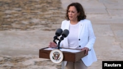 U.S. Vice President Kamala Harris delivers remarks after touring the Cape Coast slave castle during her week-long trip to Ghana, Tanzania and Zambia, in Cape Coast, Ghana March 28, 2023. 